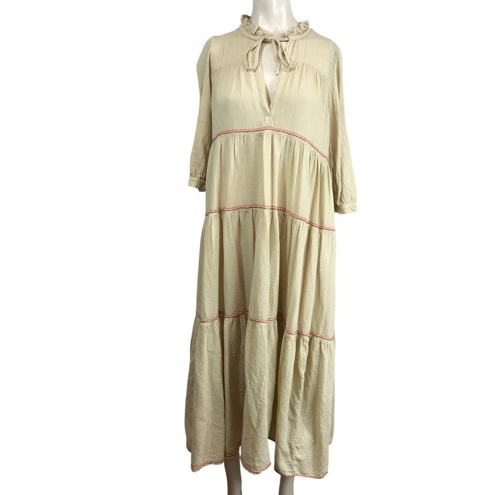 HONORINE Beige Tiered Maxi Dress Red Stitching Tie Neck Ruffle Collar XS